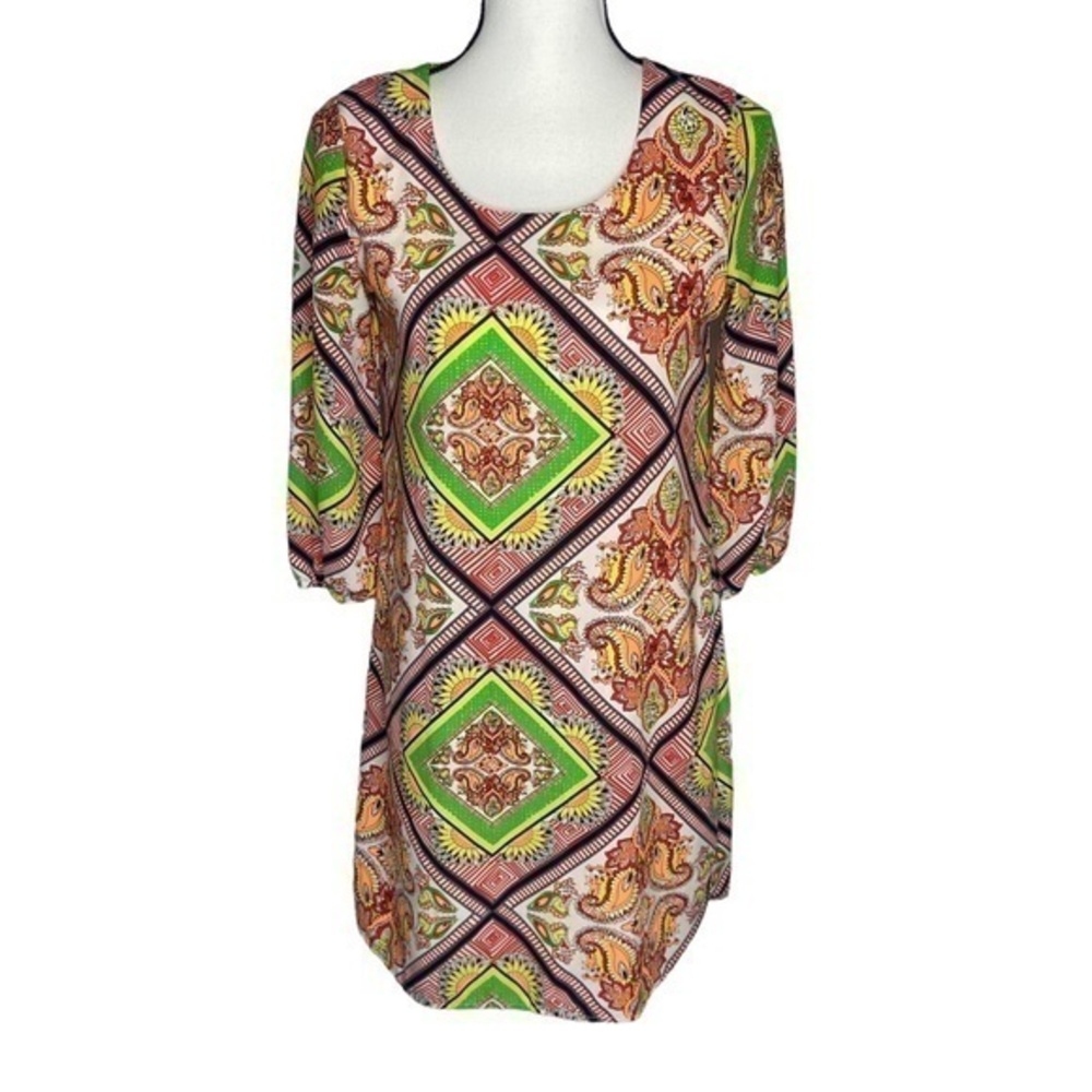 Pixi + Ivy Dress Multi Color Bohemian Print Three Quarter Sleeve Size Small